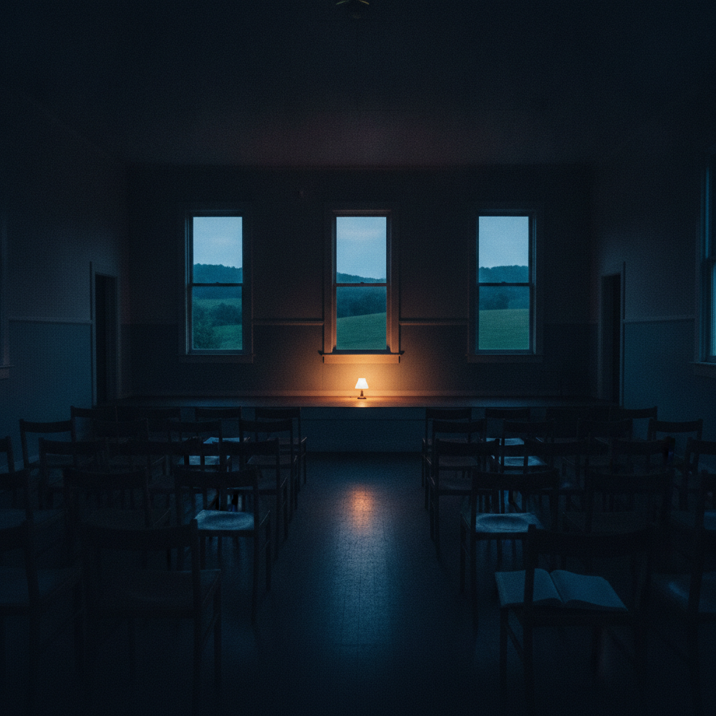 Moodboard: leerer Saal in der blauen Stunde mit einer warmen Lampe